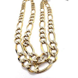 14K Yellow Gold Solid Men's ,Diamond Cut White Pave Figaro Chain